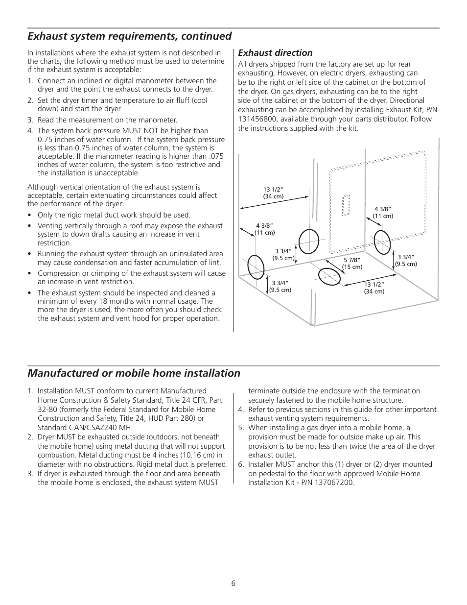 Exhaust system requirements, continued, Manufactured or mobile home installation, Exhaust direction | FRIGIDAIRE 137153400A User Manual | Page 6 / 24