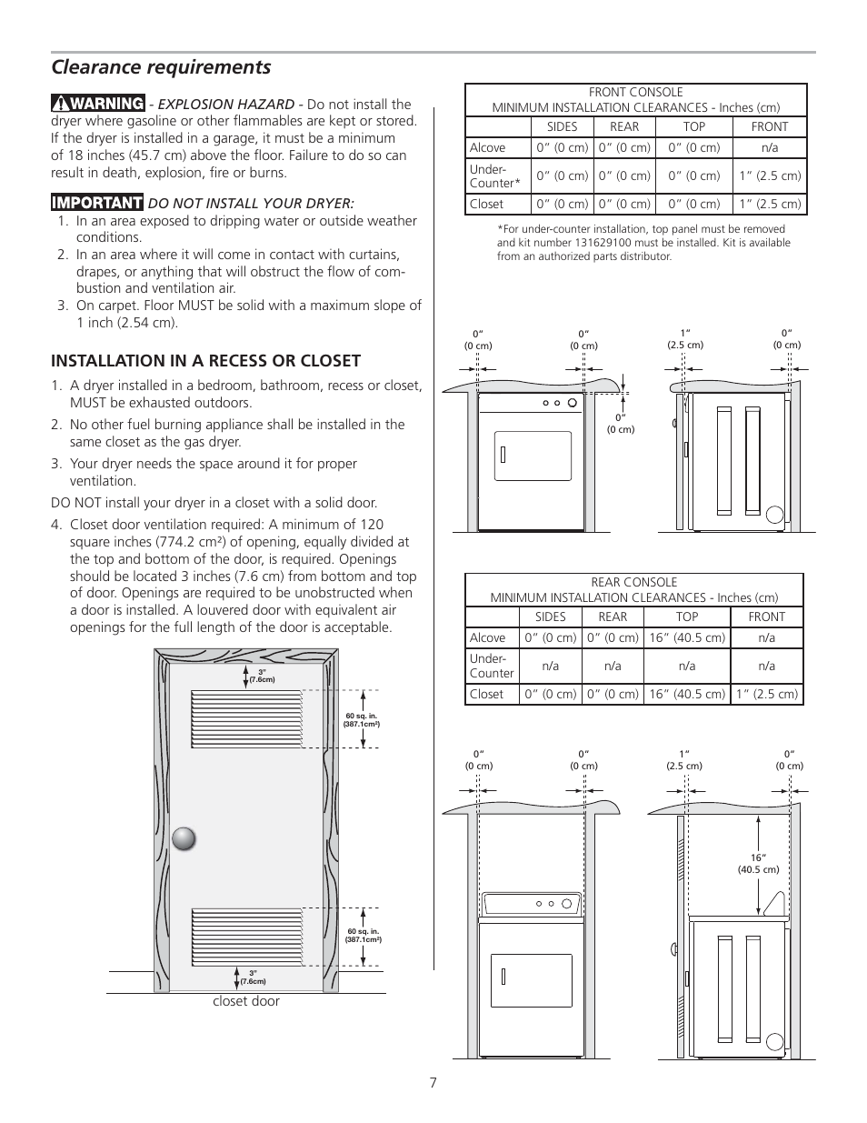 Clearance requirements, Installation in a recess or closet | FRIGIDAIRE 137153400A User Manual | Page 7 / 24