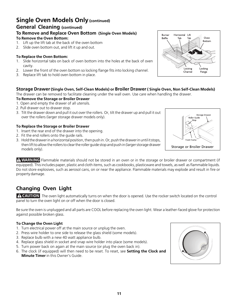 Single oven models only, General cleaning, Changing oven light | FRIGIDAIRE Gas Oven User Manual | Page 11 / 20