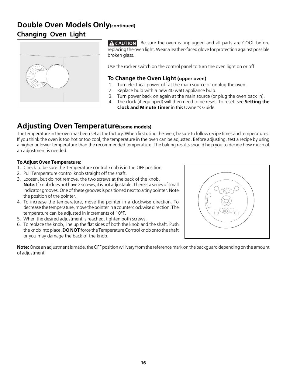 Double oven models only, Adjusting oven temperature, Changing oven light | FRIGIDAIRE Gas Oven User Manual | Page 16 / 20