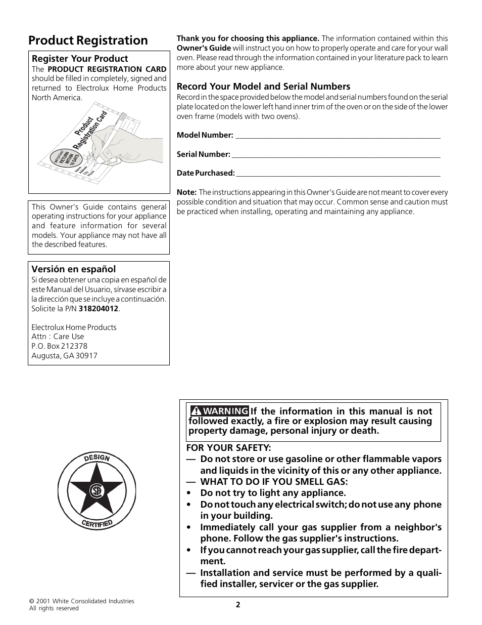 Product registration | FRIGIDAIRE Gas Oven User Manual | Page 2 / 20