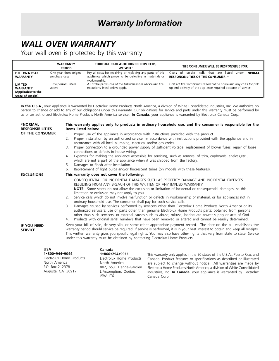 Warranty information wall oven warranty, Your wall oven is protected by this warranty | FRIGIDAIRE Gas Oven User Manual | Page 20 / 20