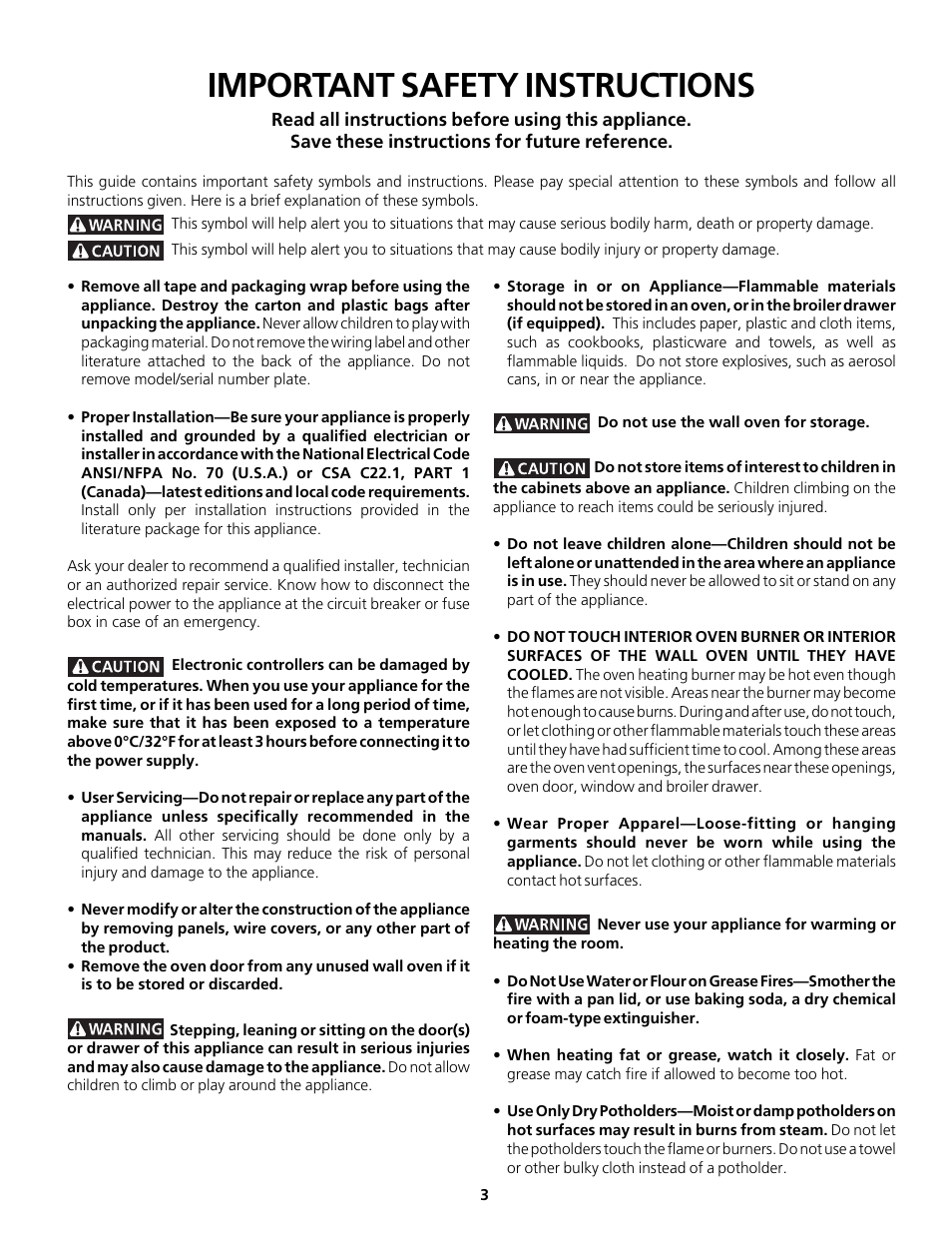 Important safety instructions | FRIGIDAIRE Gas Oven User Manual | Page 3 / 20