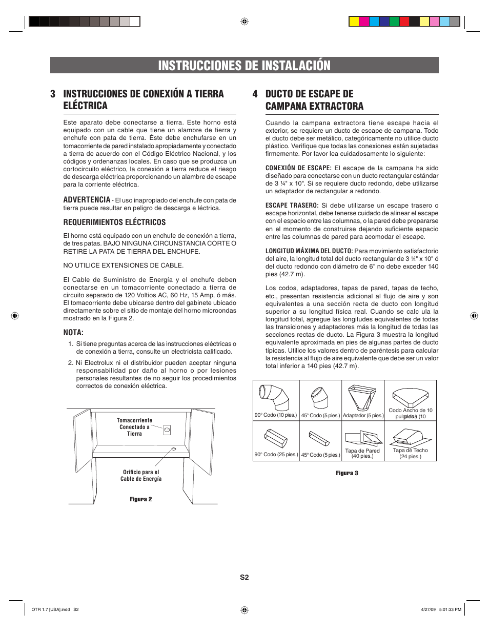 Instrucciones de instalación, 3 instrucciones de conexión a tierra eléctrica, 4 ducto de escape de campana extractora | FRIGIDAIRE 316495062 User Manual | Page 10 / 24