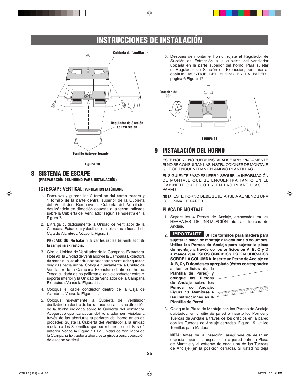 Instrucciones de instalación, 9 instalación del horno, 8 sistema de escape | FRIGIDAIRE 316495062 User Manual | Page 13 / 24