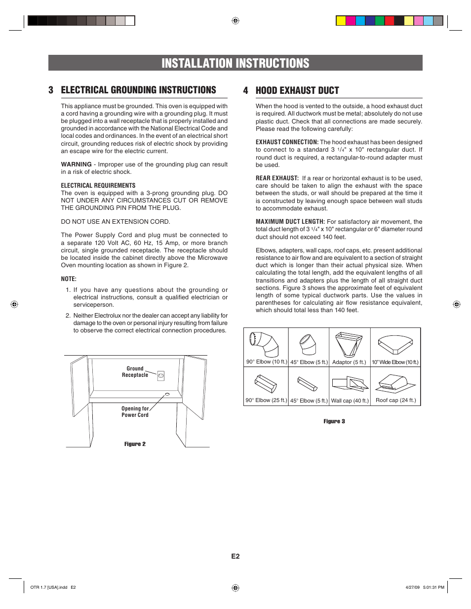 Installation instructions, 3 electrical grounding instructions, 4 hood exhaust duct | FRIGIDAIRE 316495062 User Manual | Page 2 / 24