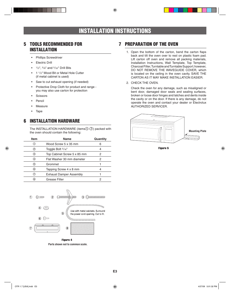 Installation instructions, 5 tools recommended for installation, 6 installation hardware | 7 preparation of the oven | FRIGIDAIRE 316495062 User Manual | Page 3 / 24