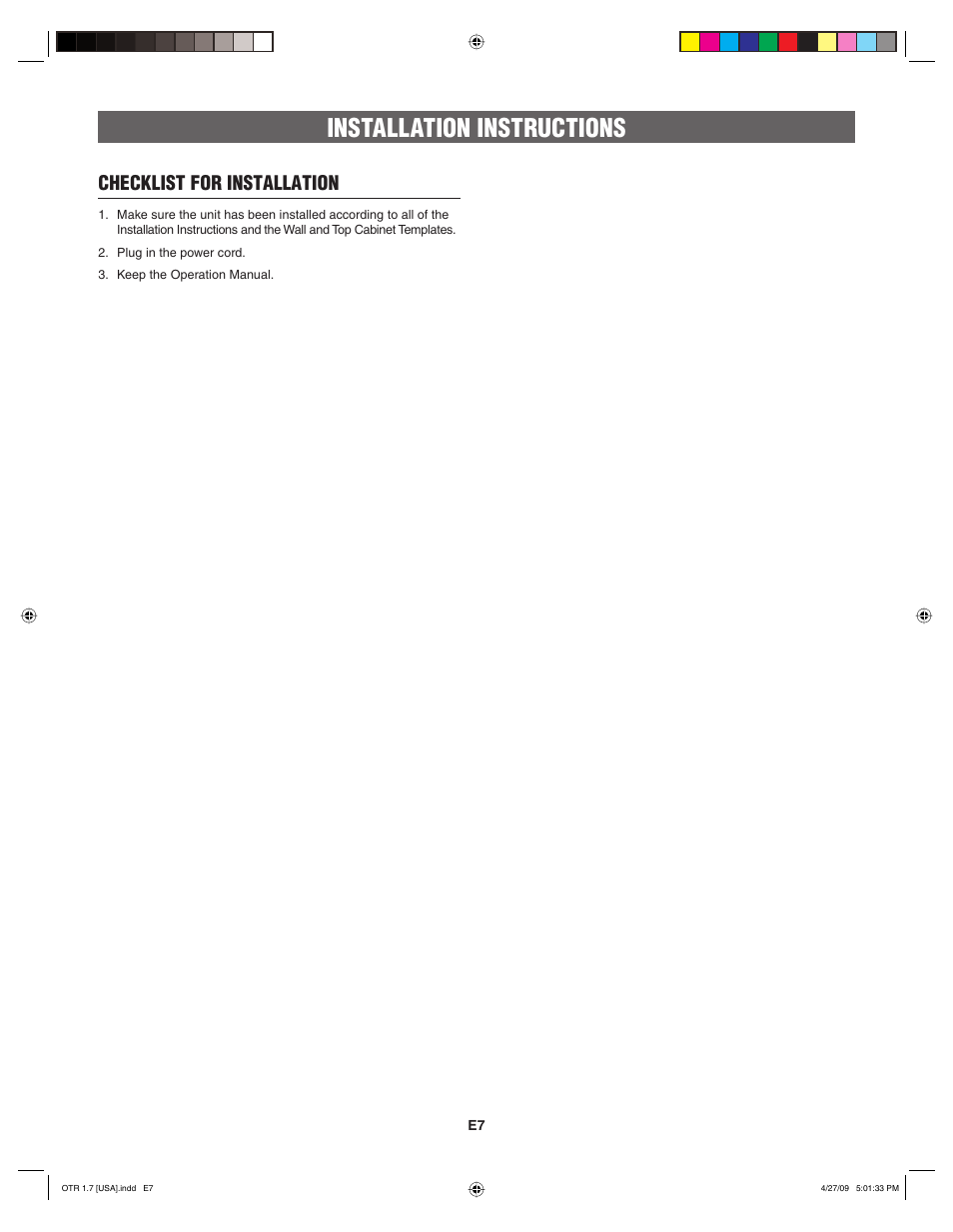 Installation instructions, Checklist for installation | FRIGIDAIRE 316495062 User Manual | Page 7 / 24