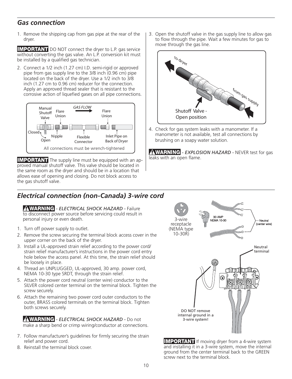 Gas connection, Electrical connection (non-canada) 3-wire cord | FRIGIDAIRE 137153700B User Manual | Page 10 / 36