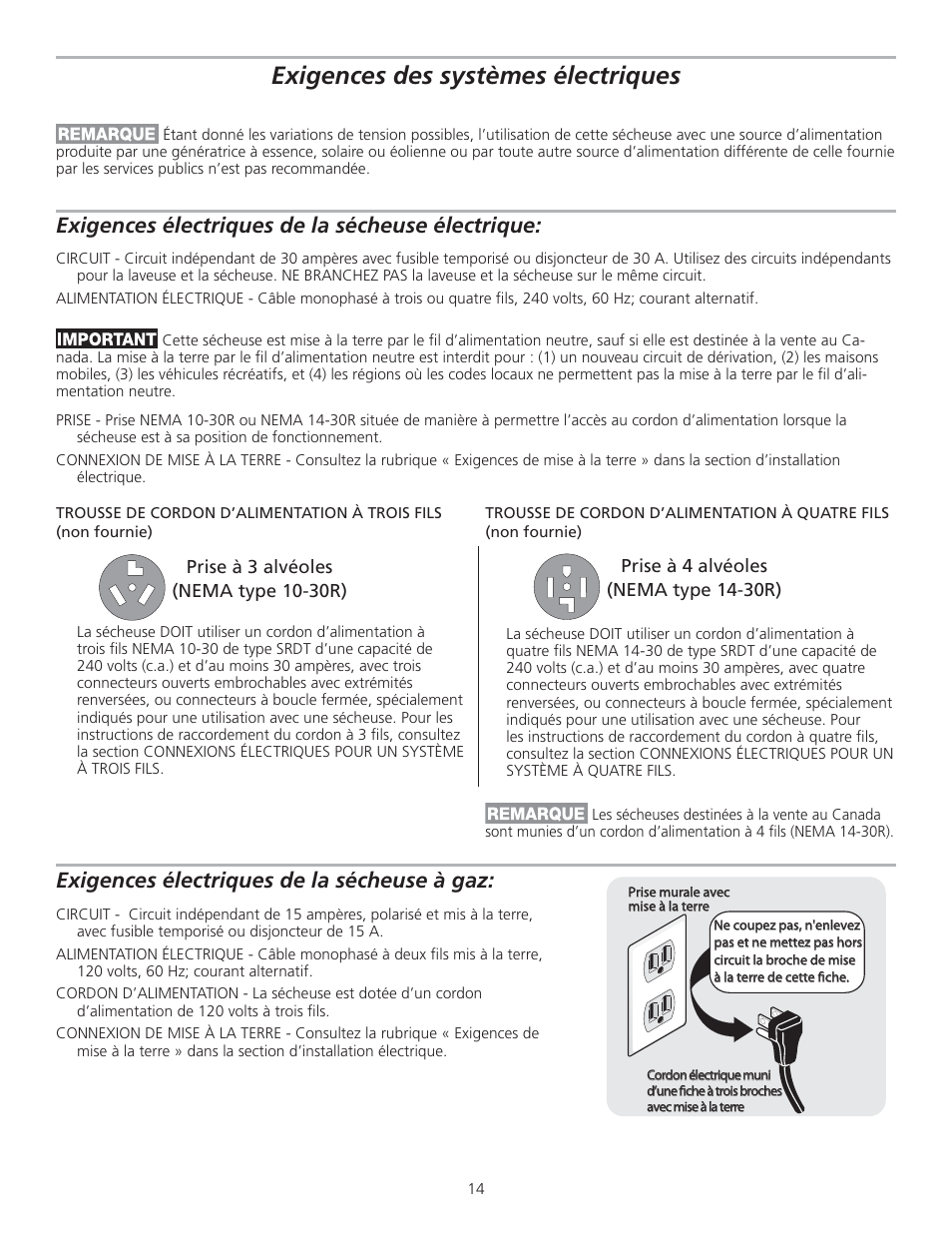 Exigences des systèmes électriques, Exigences électriques de la sécheuse électrique, Exigences électriques de la sécheuse à gaz | FRIGIDAIRE 137153700B User Manual | Page 14 / 36