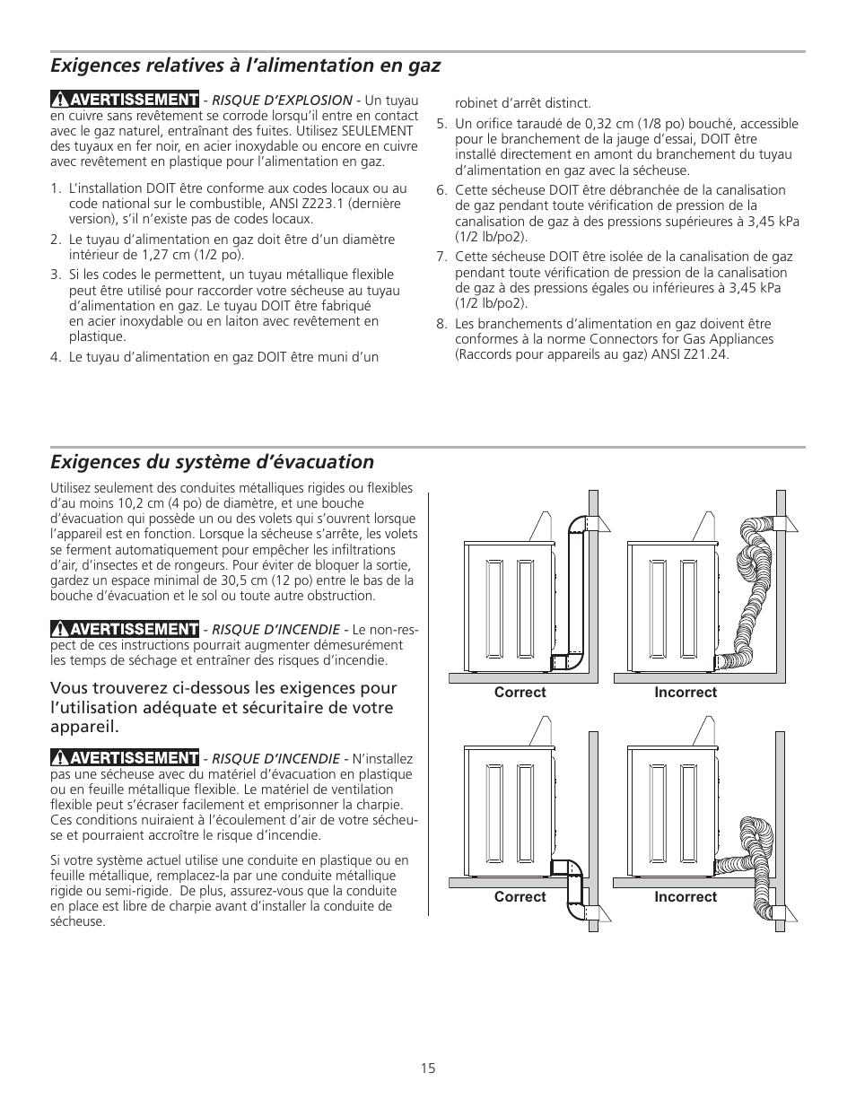 Exigences du système d’évacuation, Exigences relatives à l’alimentation en gaz | FRIGIDAIRE 137153700B User Manual | Page 15 / 36