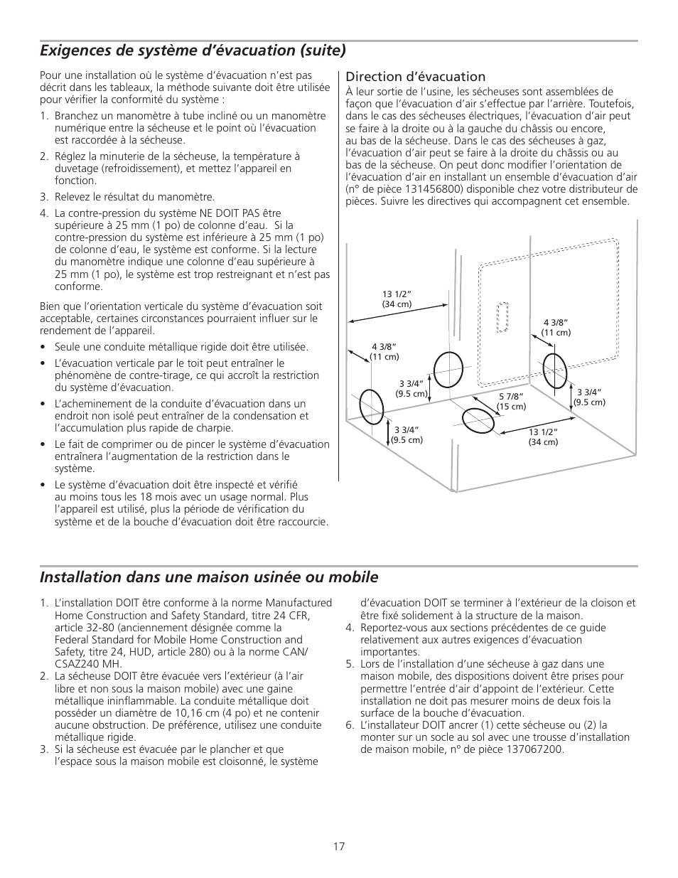 Exigences de système d’évacuation (suite), Installation dans une maison usinée ou mobile, Direction d’évacuation | FRIGIDAIRE 137153700B User Manual | Page 17 / 36