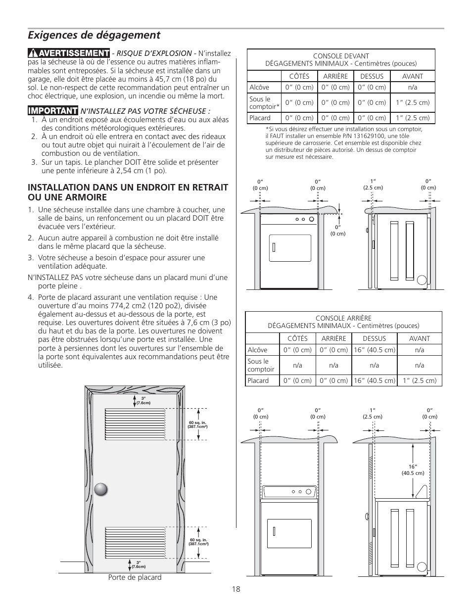 Exigences de dégagement | FRIGIDAIRE 137153700B User Manual | Page 18 / 36