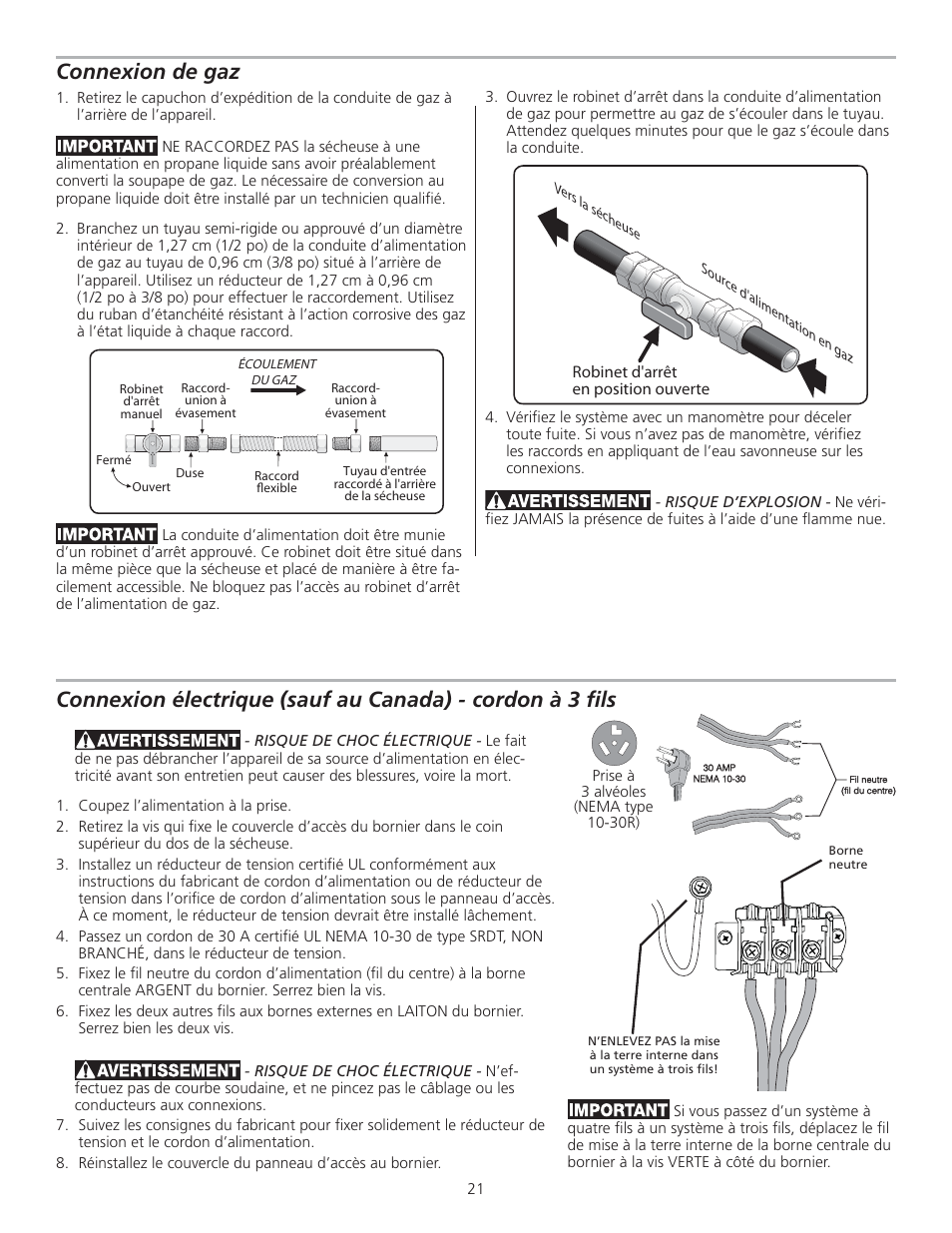 Connexion de gaz | FRIGIDAIRE 137153700B User Manual | Page 21 / 36