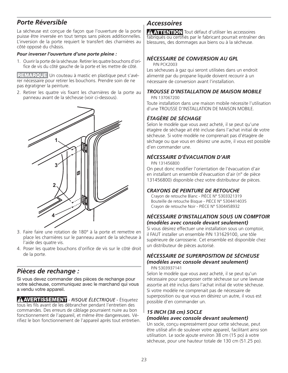 Porte réversible, Accessoires, Pièces de rechange | FRIGIDAIRE 137153700B User Manual | Page 23 / 36
