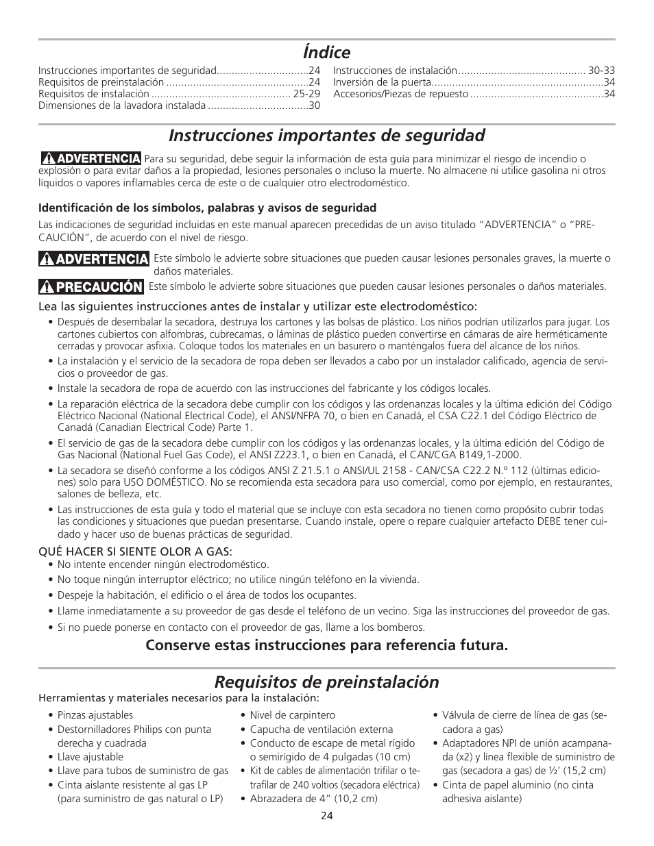 Instrucciones importantes de seguridad, Requisitos de preinstalación, Índice | FRIGIDAIRE 137153700B User Manual | Page 24 / 36