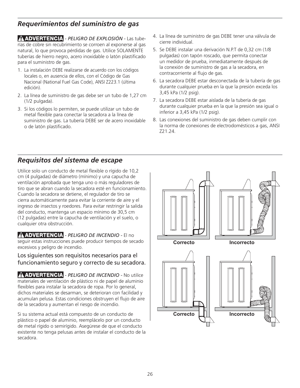 Requisitos del sistema de escape, Requerimientos del suministro de gas | FRIGIDAIRE 137153700B User Manual | Page 26 / 36
