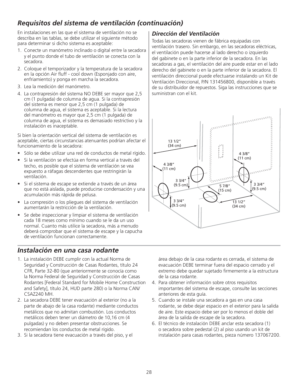 Instalación en una casa rodante, Dirección del ventilación | FRIGIDAIRE 137153700B User Manual | Page 28 / 36