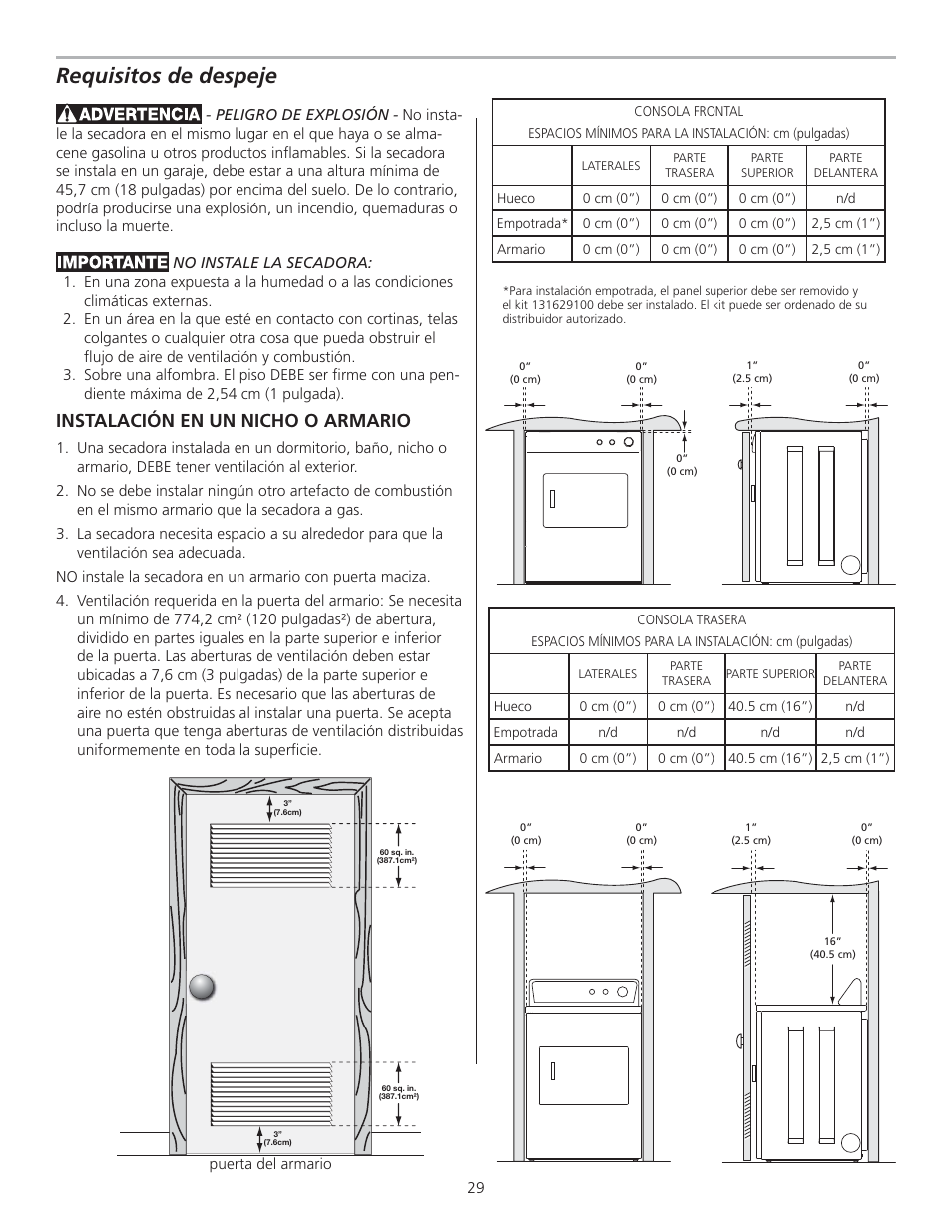 Requisitos de despeje, Instalación en un nicho o armario | FRIGIDAIRE 137153700B User Manual | Page 29 / 36