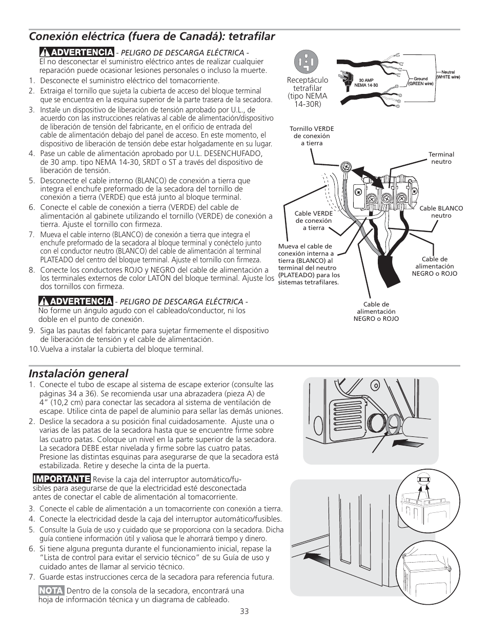 Conexión eléctrica (fuera de canadá): tetrafi lar, Instalación general | FRIGIDAIRE 137153700B User Manual | Page 33 / 36