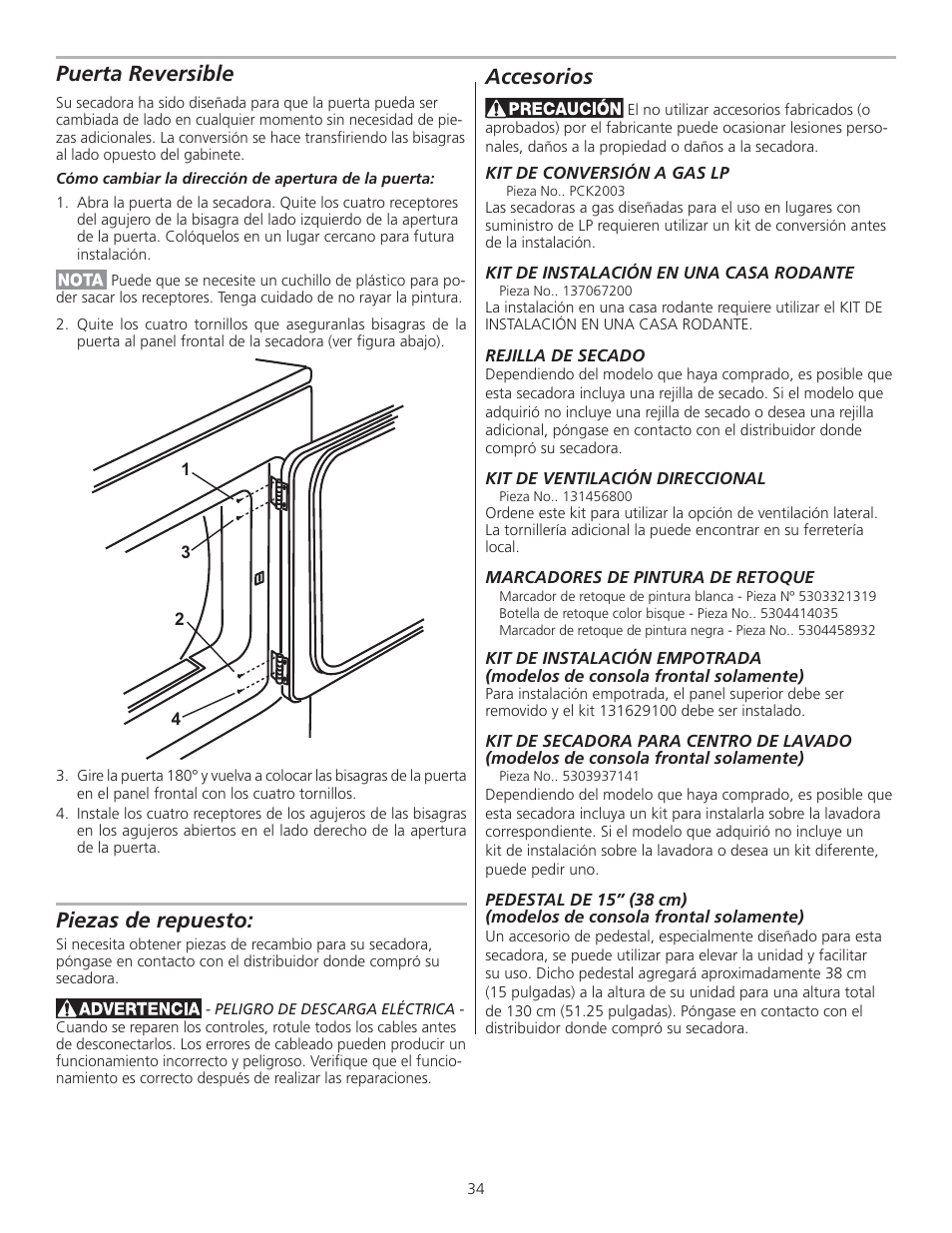 Puerta reversible, Accesorios, Piezas de repuesto | FRIGIDAIRE 137153700B User Manual | Page 34 / 36
