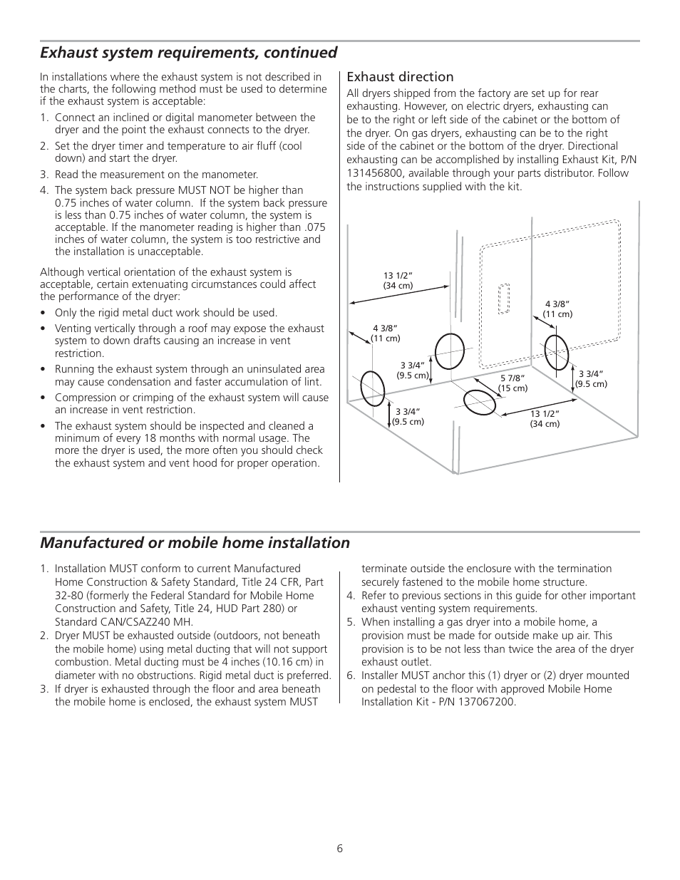 Exhaust system requirements, continued, Manufactured or mobile home installation, Exhaust direction | FRIGIDAIRE 137153700B User Manual | Page 6 / 36