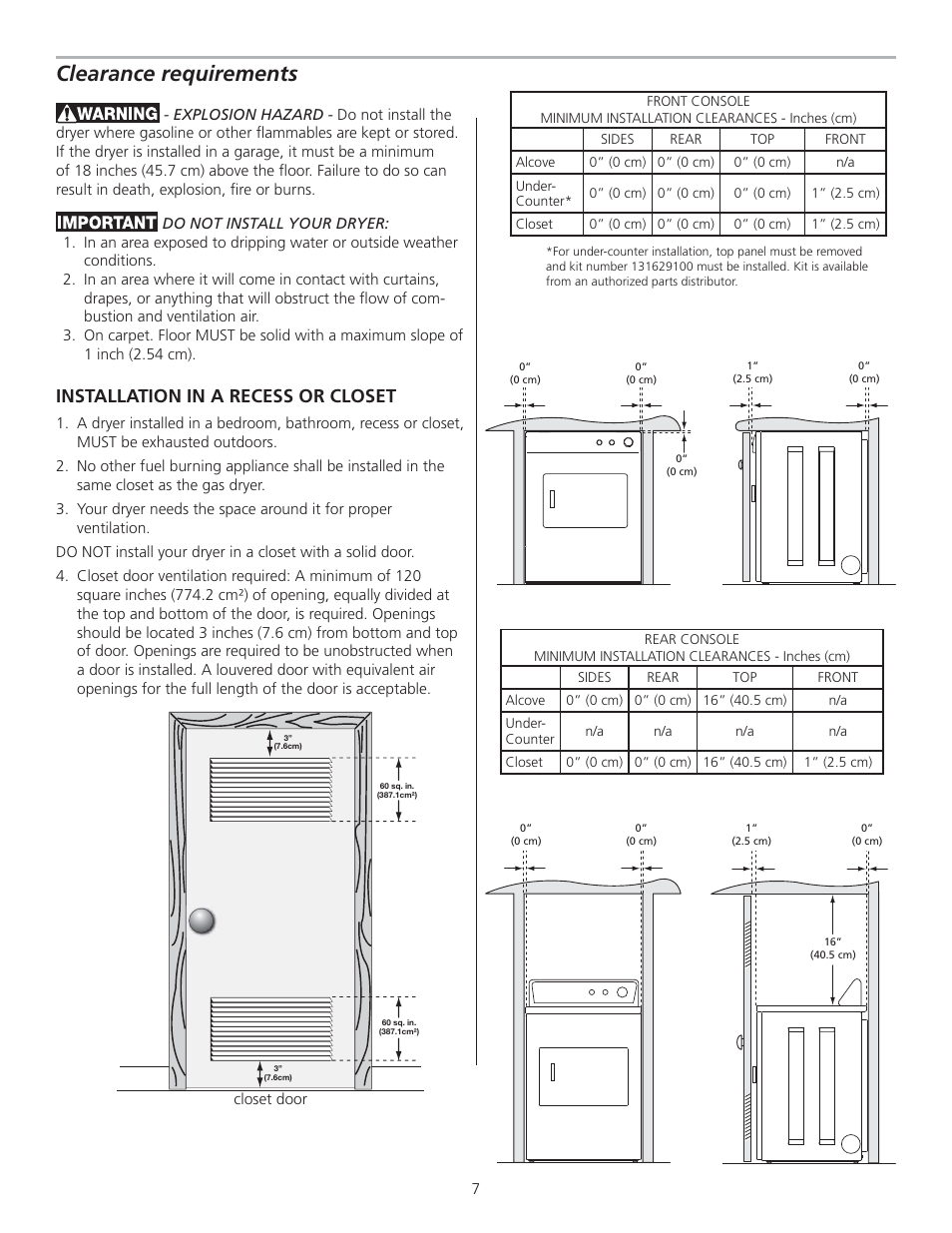 Clearance requirements, Installation in a recess or closet | FRIGIDAIRE 137153700B User Manual | Page 7 / 36