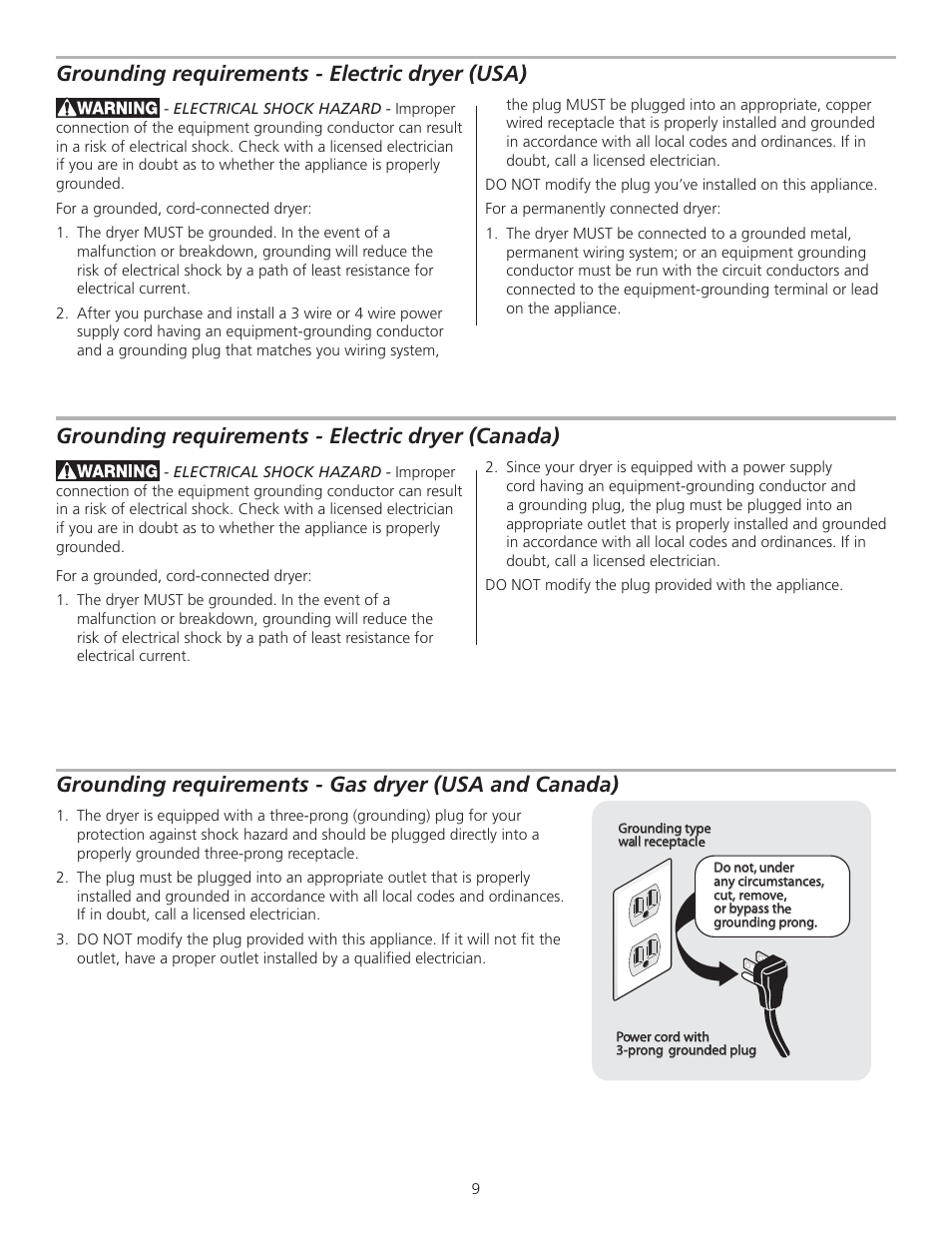 Grounding requirements - electric dryer (usa), Grounding requirements - electric dryer (canada) | FRIGIDAIRE 137153700B User Manual | Page 9 / 36