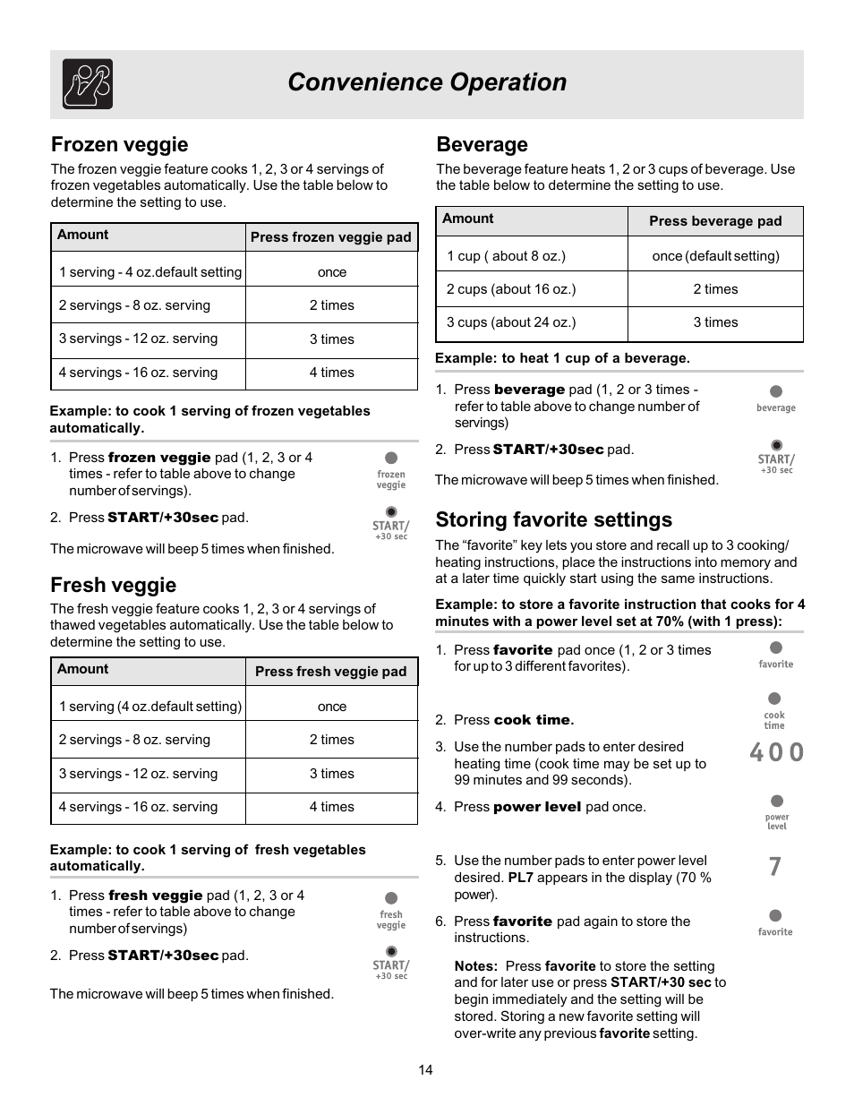 Convenience operation, Frozen veggie, Fresh veggie | Beverage, Storing favorite settings | FRIGIDAIRE 316495002 User Manual | Page 14 / 20