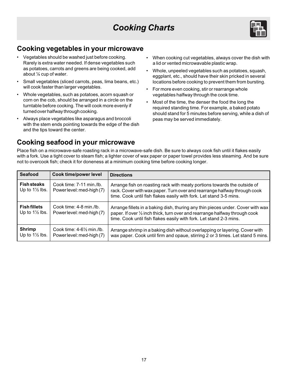 Cooking charts, Cooking vegetables in your microwave, Cooking seafood in your microwave | FRIGIDAIRE 316495002 User Manual | Page 17 / 20