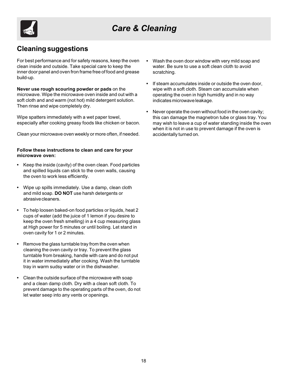 Care & cleaning, Cleaning suggestions | FRIGIDAIRE 316495002 User Manual | Page 18 / 20