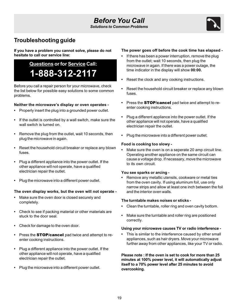 Before you call, Troubleshooting guide, Questions or for service call | FRIGIDAIRE 316495002 User Manual | Page 19 / 20