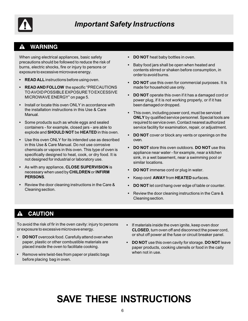 Save these instructions, Important safety instructions | FRIGIDAIRE 316495002 User Manual | Page 6 / 20