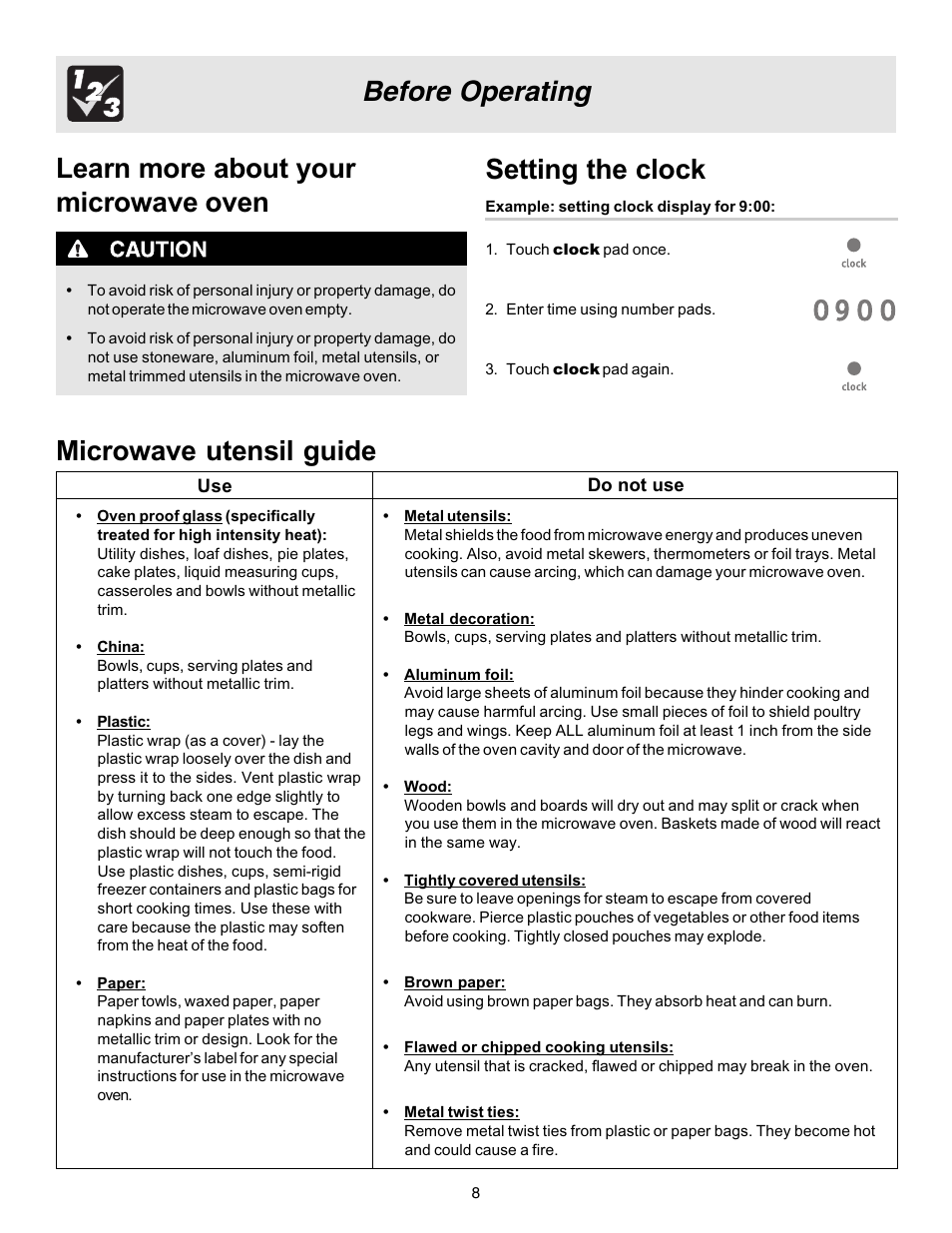 Setting the clock, Microwave utensil guide | FRIGIDAIRE 316495002 User Manual | Page 8 / 20