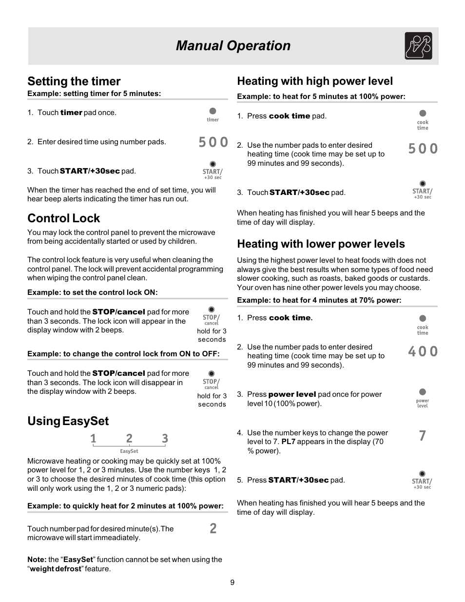 Manual operation, Setting the timer, Using easyset | Control lock, Heating with high power level, Heating with lower power levels | FRIGIDAIRE 316495002 User Manual | Page 9 / 20