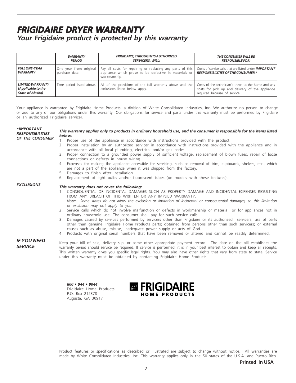 Frigidaire dr | FRIGIDAIRE 134420700A User Manual | Page 2 / 8