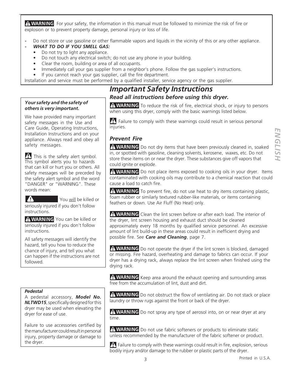 English, Important safety instructions | FRIGIDAIRE 134420700A User Manual | Page 3 / 8