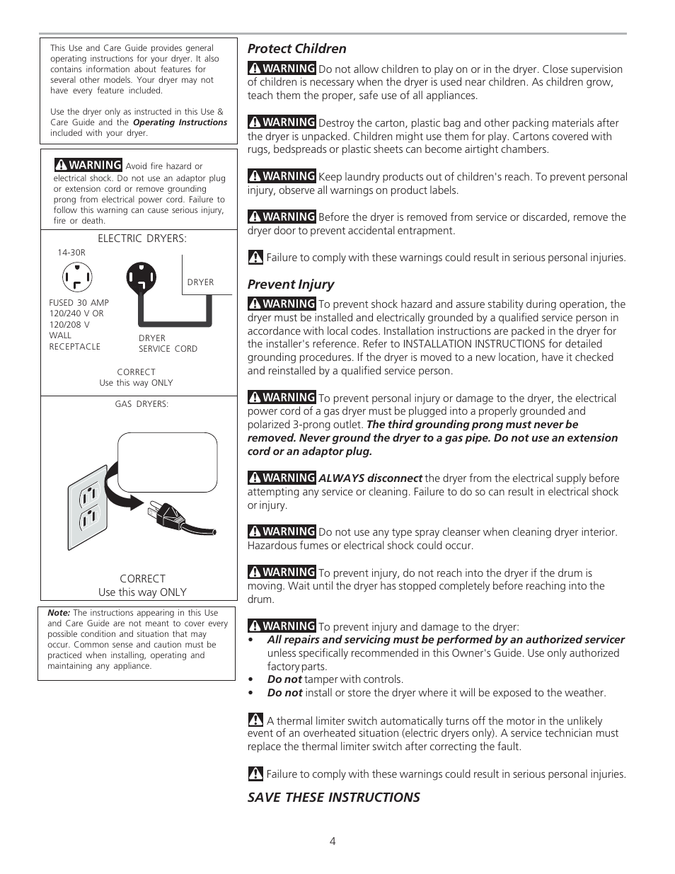 Protect children, Prevent injury, Save these instructions | FRIGIDAIRE 134420700A User Manual | Page 4 / 8