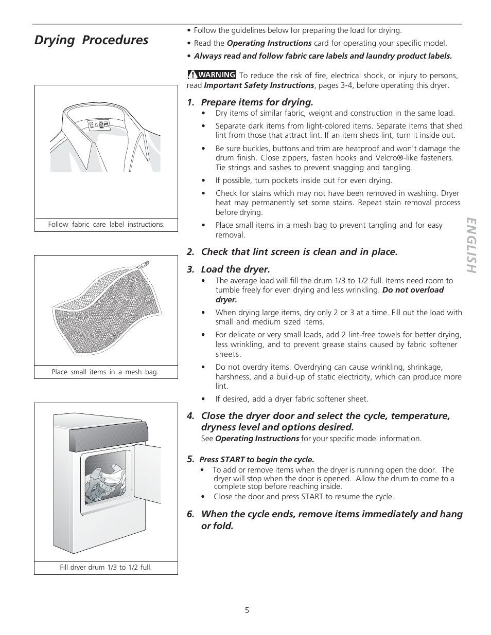 English, Drying procedures | FRIGIDAIRE 134420700A User Manual | Page 5 / 8