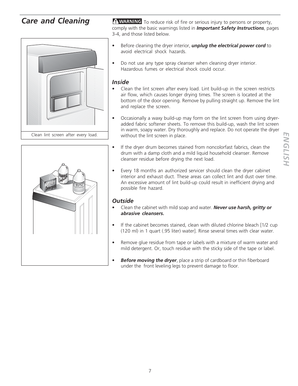 English care and cleaning | FRIGIDAIRE 134420700A User Manual | Page 7 / 8