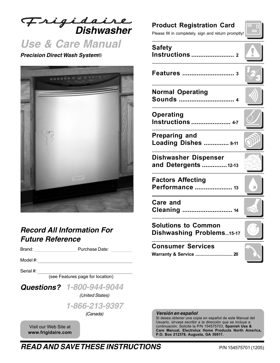 FRIGIDAIRE Dishwasher Precision Direct Wash System User Manual | 20 pages