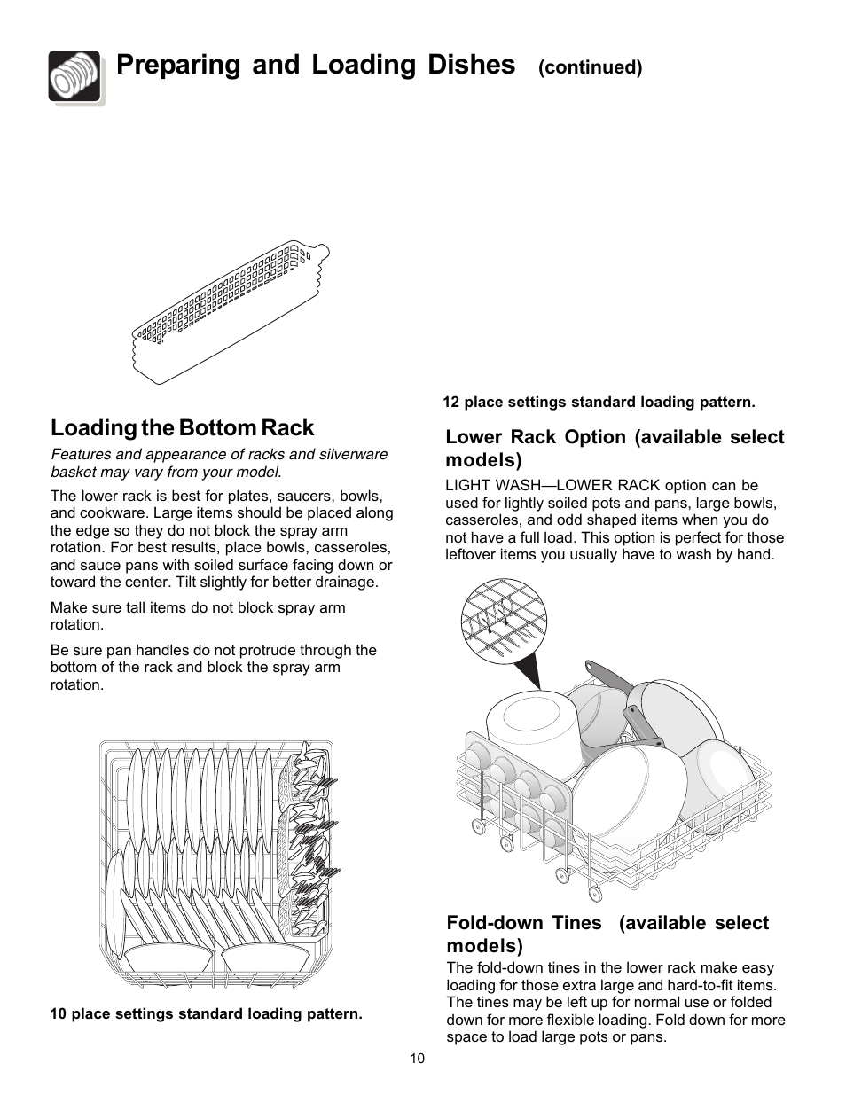 Preparing and loading dishes, Loading the bottom rack | FRIGIDAIRE Dishwasher Precision Direct Wash System User Manual | Page 10 / 20