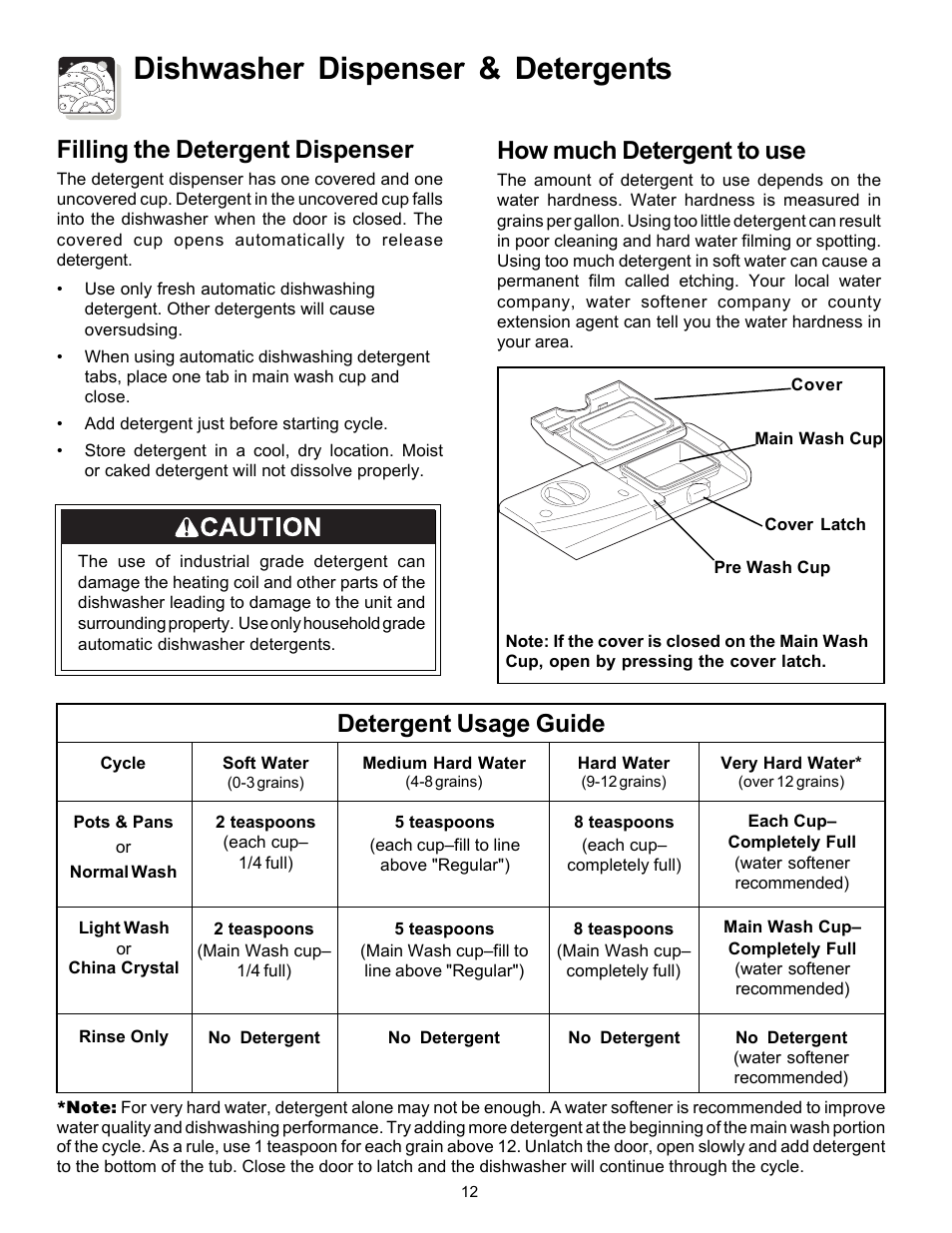 Dishwasher dispenser & detergents, Filling the detergent dispenser, Detergent usage guide | How much detergent to use | FRIGIDAIRE Dishwasher Precision Direct Wash System User Manual | Page 12 / 20