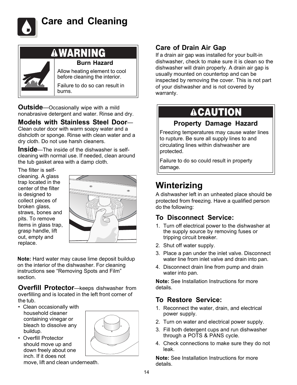 Care and cleaning, Winterizing | FRIGIDAIRE Dishwasher Precision Direct Wash System User Manual | Page 14 / 20