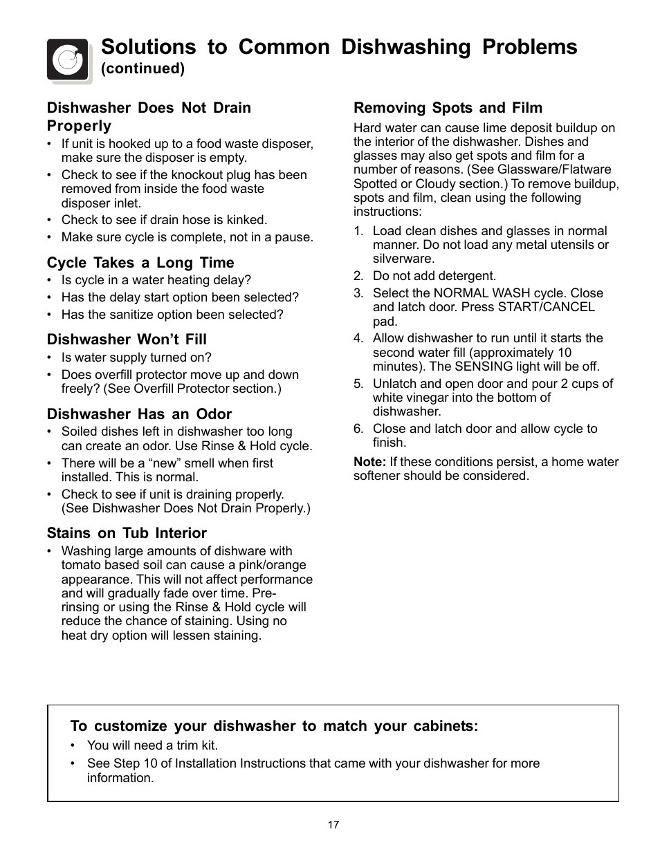 Solutions to common dishwashing problems | FRIGIDAIRE Dishwasher Precision Direct Wash System User Manual | Page 17 / 20