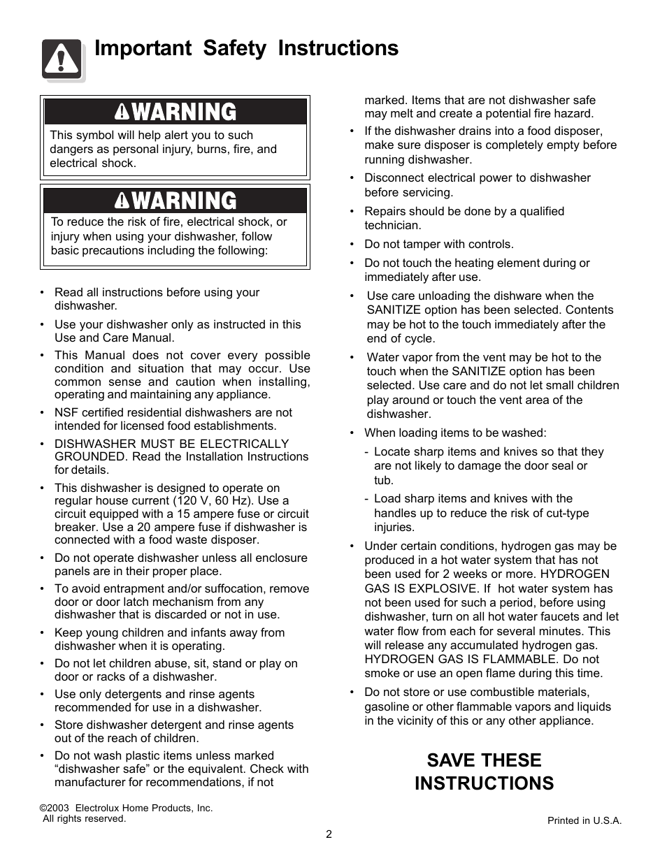 Important safety instructions, Save these instructions | FRIGIDAIRE Dishwasher Precision Direct Wash System User Manual | Page 2 / 20