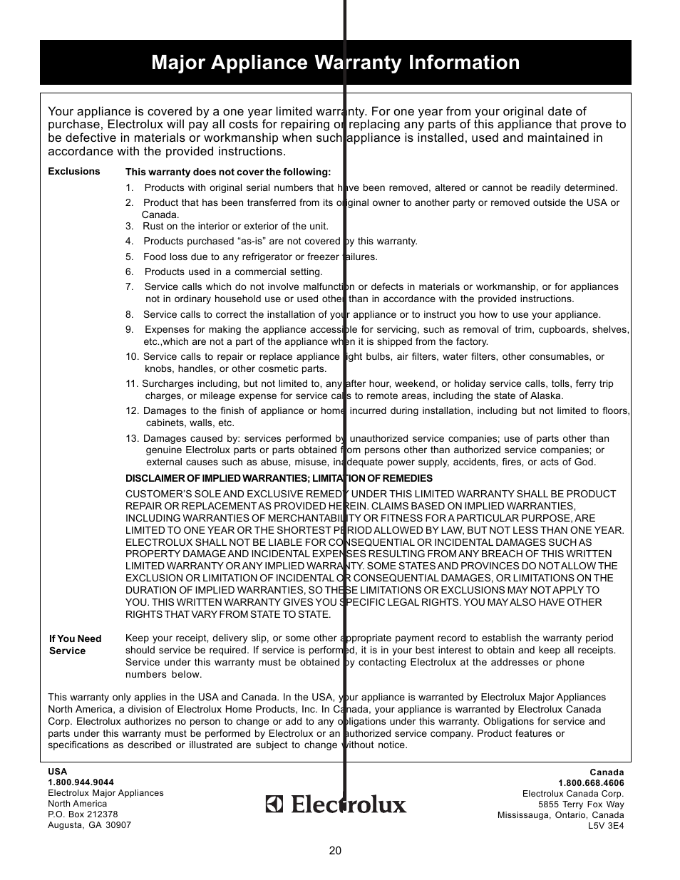 Major appliance warranty information | FRIGIDAIRE Dishwasher Precision Direct Wash System User Manual | Page 20 / 20