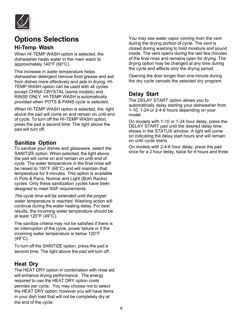 Options selections | FRIGIDAIRE Dishwasher Precision Direct Wash System User Manual | Page 6 / 20