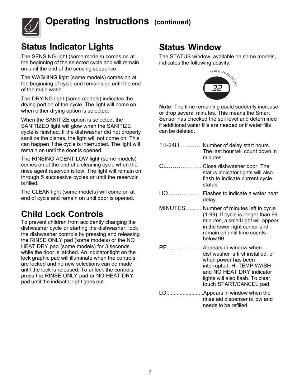 Operating instructions, Status indicator lights, Child lock controls | Status window | FRIGIDAIRE Dishwasher Precision Direct Wash System User Manual | Page 7 / 20