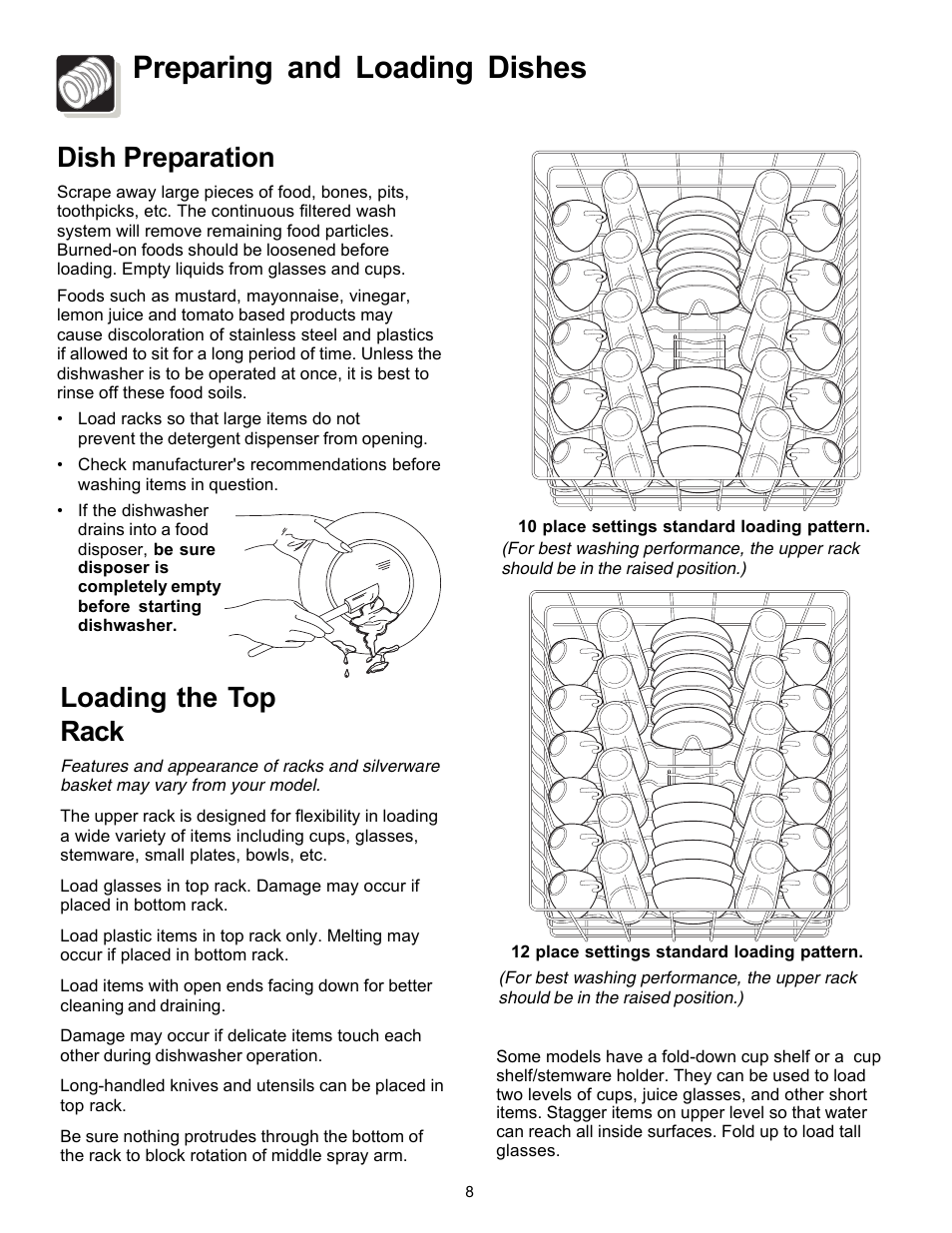 Preparing and loading dishes, Dish preparation, Loading the top rack | FRIGIDAIRE Dishwasher Precision Direct Wash System User Manual | Page 8 / 20